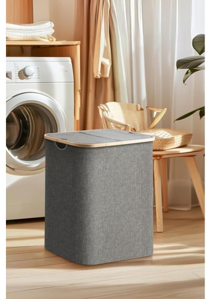 Katlanabilir 100 Lt Bambu Kenarlı Kumaş Çamaşır Sepeti, 54X33X58 Cm, Gri Renk fiyatları