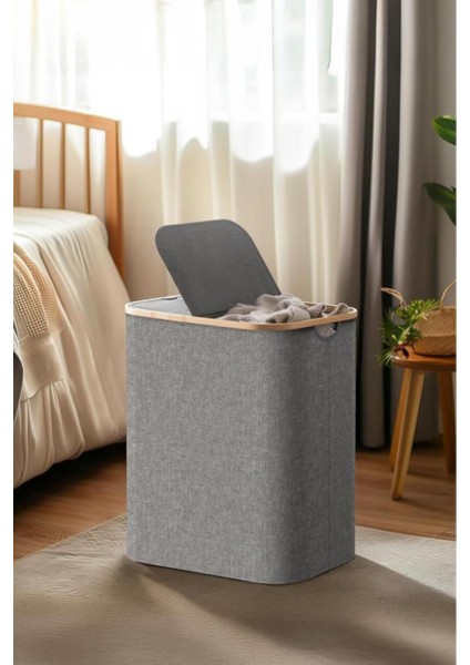 Katlanabilir 100 Lt Bambu Kenarlı Kumaş Çamaşır Sepeti, 54X33X58 Cm, Gri Renk modelleri