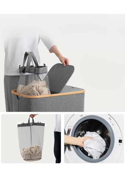 Katlanabilir 100 Lt Bambu Kenarlı Kumaş Çamaşır Sepeti, 54X33X58 Cm, Gri Renk