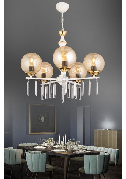 Beyaz 5'li Bal Glop Camlı Lüks Kristal Taşlı Yüksek Avize Seti