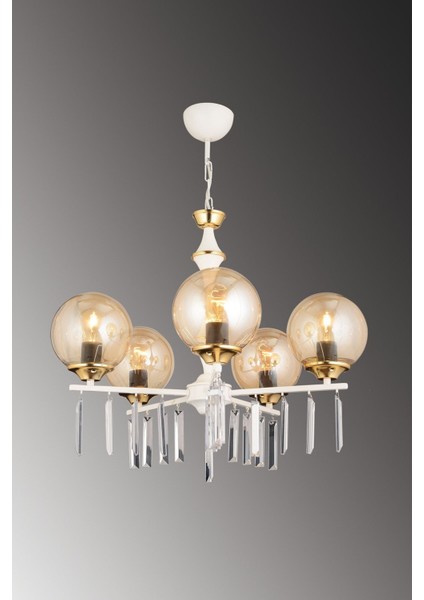 Beyaz 5'li Bal Glop Camlı Lüks Kristal Taşlı Yüksek Avize Seti fiyatları