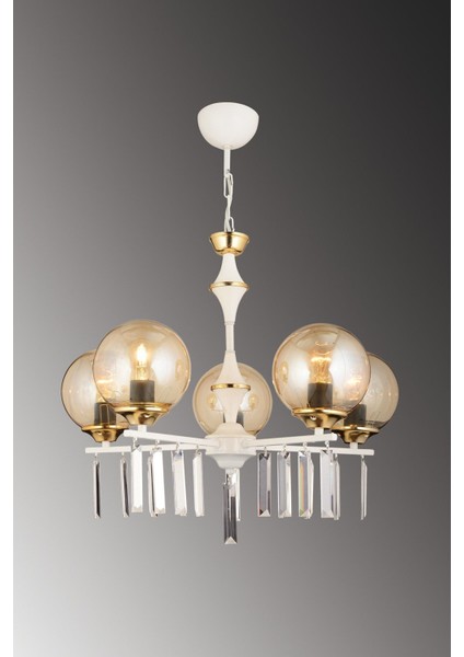 Beyaz 5'li Bal Glop Camlı Lüks Kristal Taşlı Yüksek Avize Seti modelleri