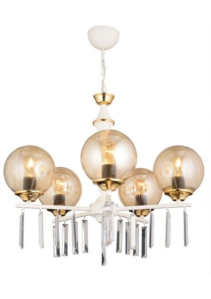 Beyaz 5'li Bal Glop Camlı Lüks Kristal Taşlı Yüksek Avize Seti fırsatları