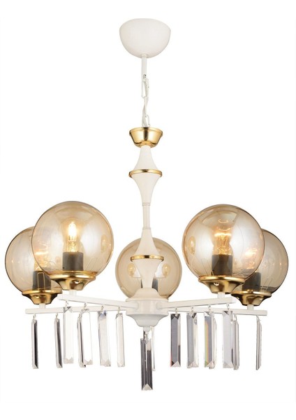 Beyaz 5'li Bal Glop Camlı Lüks Kristal Taşlı Yüksek Avize Seti indirimleri