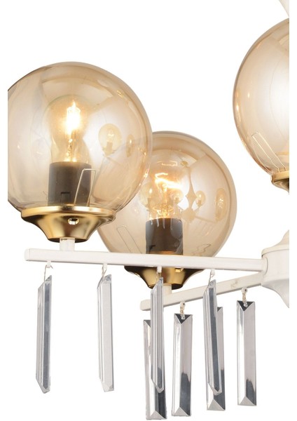 Beyaz 5'li Bal Glop Camlı Lüks Kristal Taşlı Yüksek Avize Seti