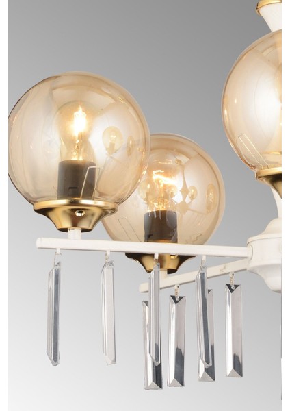 Beyaz 5'li Bal Glop Camlı Lüks Kristal Taşlı Yüksek Avize Seti