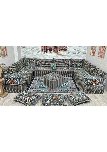 Şark Köşesi Anadolu Desenli 30 cm Minder, Kilim, Orta Puf Takımı Konsept Gri