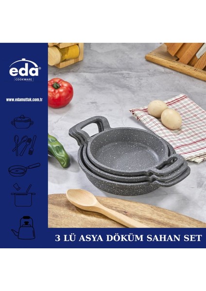 Döküm Granit Lüks Sahan Seti 3'lü, 16-20 Cm, Şık ve Dayanıklı Mutfak Gereci