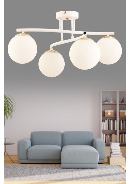 Dörtlü Beyaz Camlı Plafonyer Avize, Salon, Yemek, Yatak Odası, Hol Için Işıklandırma