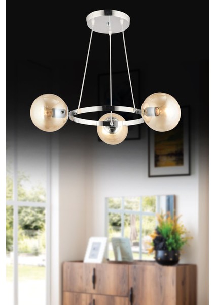 Modern 3'lü Krom Halka Bal Glop Camlı Avize, Şık ve Zarif Aydınlatma Seçeneği