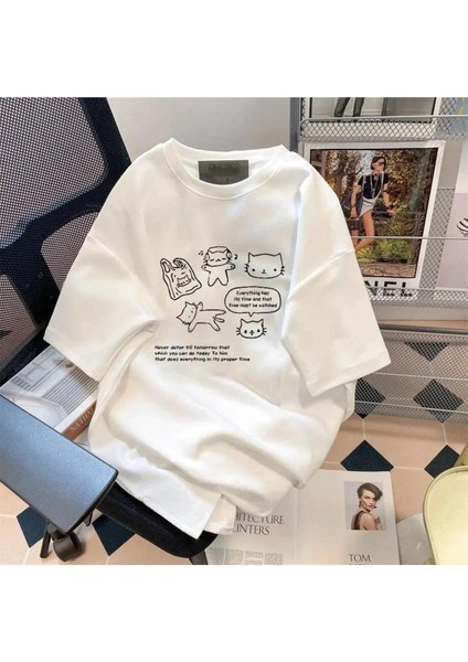 Y2K Retro Karikatür Kedi Baskılı Beyaz Unisex Oversize T-Shirt