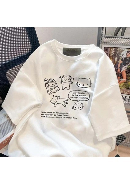 Y2K Retro Karikatür Kedi Baskılı Beyaz Unisex Oversize T-Shirt fiyatları