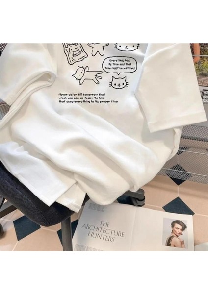 Y2K Retro Karikatür Kedi Baskılı Beyaz Unisex Oversize T-Shirt modelleri