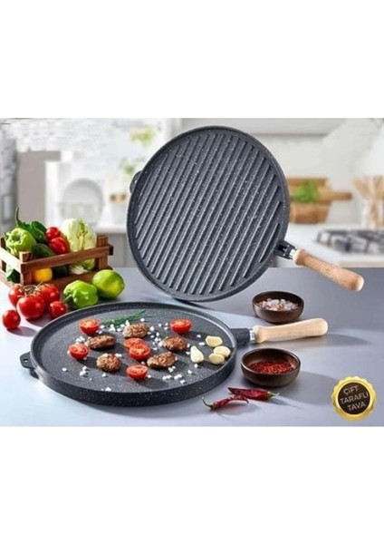 Çift Taraflı Gerçek Döküm 35CM Gözleme, Börek ve Izgara Tavası Siyah