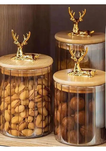 3'lü Çizgili Borosilikat Cam Geyik Figürlü Mutfak Kavanoz Seti 500-750-1000 ml fiyatları