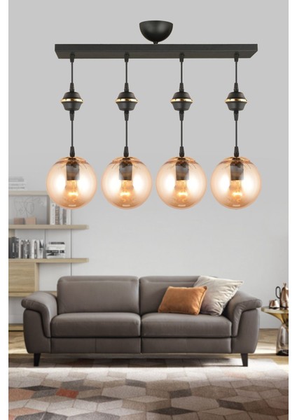 Siyah 4'lü Bal Glop Top Camlı Şık Asma Avize