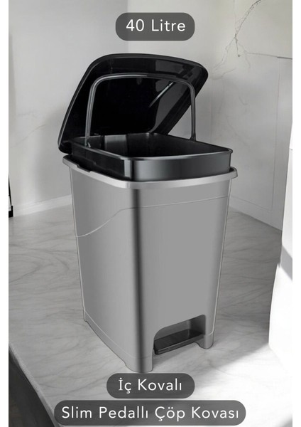 40 Litre Antrasit Iç Kovalı Slim Pedallı Çöp Kovası