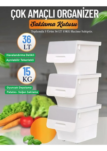 3’lü Kapaklı Tekerlekli Saklama Sepeti Gri Organizatör Rafi