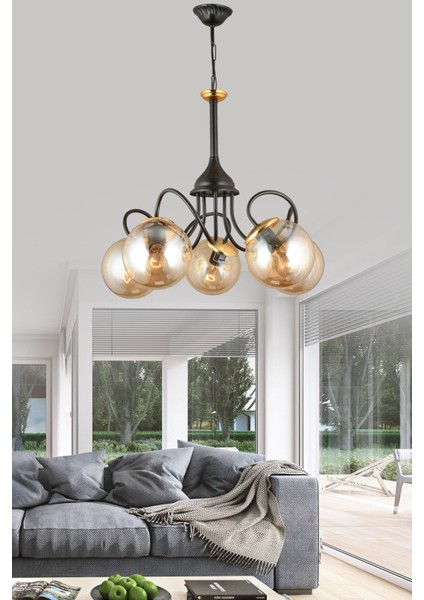 Modern 5'li Bal Glop Camlı Siyah Avize, Şık ve Zarif Tasarım.