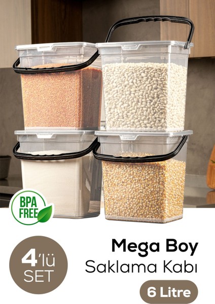 4'lü Kare Un ve Bakliyat Saklama Kabı, 6 Litre, Kulplu, Şeffaf