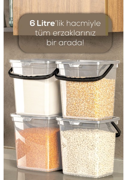 4'lü Kare Un ve Bakliyat Saklama Kabı, 6 Litre, Kulplu, Şeffaf fiyatları