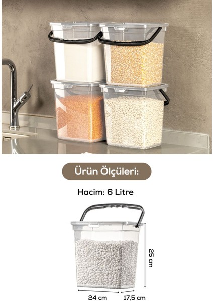 4'lü Kare Un ve Bakliyat Saklama Kabı, 6 Litre, Kulplu, Şeffaf