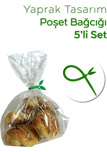 Yeşil Yaprak Tasarımlı Silikon Poşet ve Kablo Bağlayıcı Seti, 17 Cm, 5'li