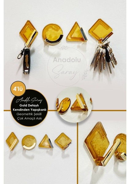 Altın Detaylı 4'lü Kendinden Yapışkanlı Geometrik Şekilli Askı Seti