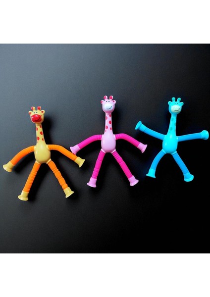3 Pcs Giraffe Anımal Pop Tubes Pembe Mavi Turuncu Zürafa Teleskopik Uzayan Zürafa Eğitici Oyuncak