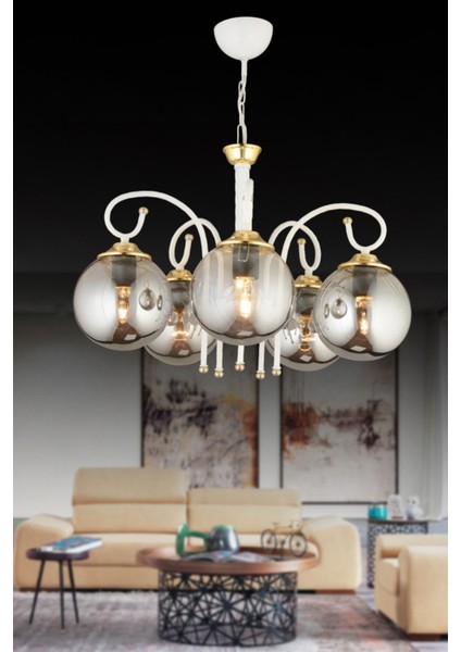 Şık 5'li Füme Camlı Avize, Modern ve Zarif Aydınlatma Seçeneği