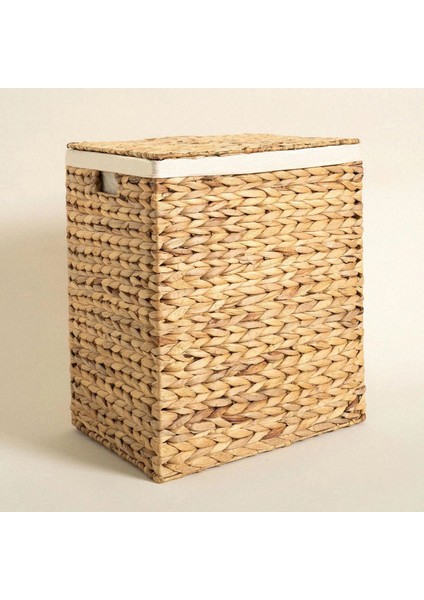 Bej Dikdörtgen Örgülü Hasır Çamaşır Sepeti, 45X35X54 cm