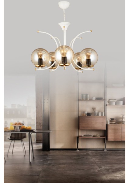 5'li Bal Glop Camlı Modern Yukarı Bakan Lüks Avize