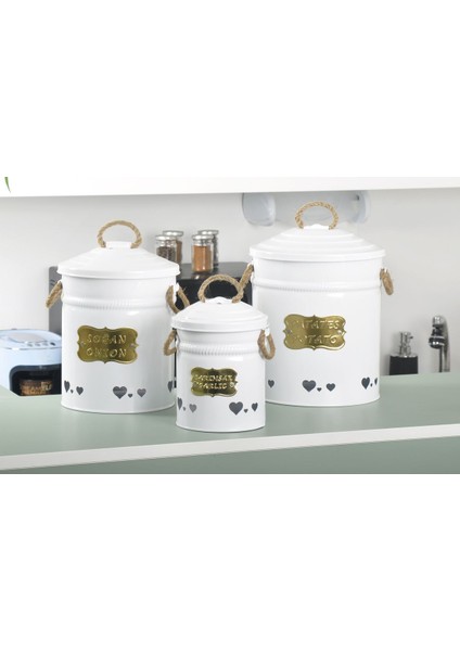 3'lü Beyaz Ferforje Saklama Kutusu Seti, Patates, Soğan, Sarımsak Için Ideal