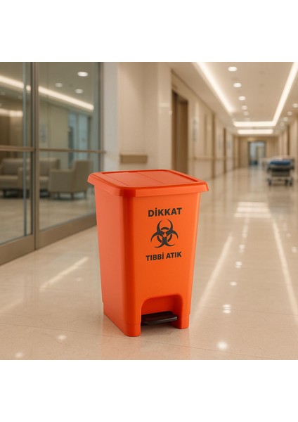 Turuncu 20 Litre Slim Pedallı Tıbbi Atık Kovası, 23X31X38 cm
