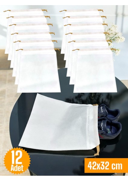 12 Adet Beyaz Büzgülü Çok Amaçlı Ayakkabı Saklama Çantası Seti
