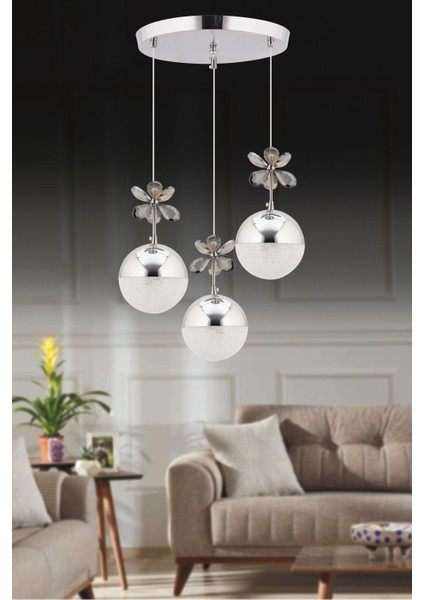 3'lü Krom Sarkıt LED Avize, Renk Modu, Kristal Taşlı, Modern Tasarım