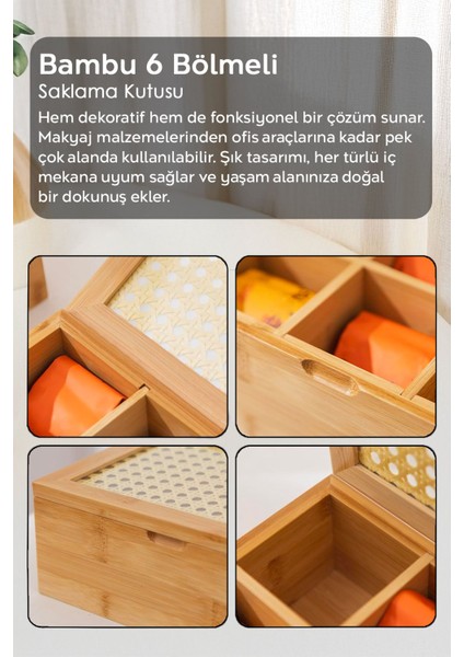 6 Bölmeli Bej Bambu Çay Kutusu Kapaklı Saklama ve Düzenleyici modelleri