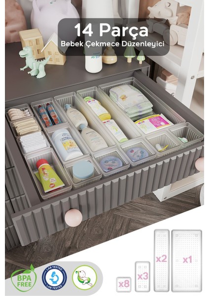 14 Parça Şeffaf Modüler Bebek Çekmece Düzenleyici Organizer Seti Farklı Boyutlarda indirimleri