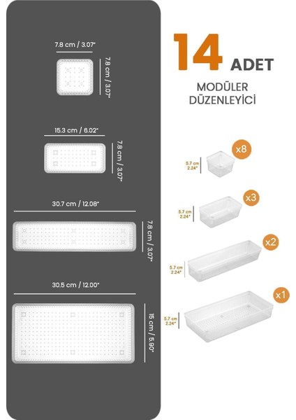 14 Parça Şeffaf Modüler Bebek Çekmece Düzenleyici Organizer Seti Farklı Boyutlarda