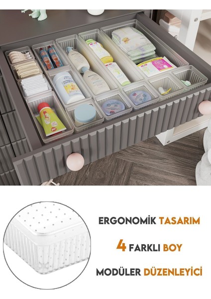 14 Parça Şeffaf Modüler Bebek Çekmece Düzenleyici Organizer Seti Farklı Boyutlarda