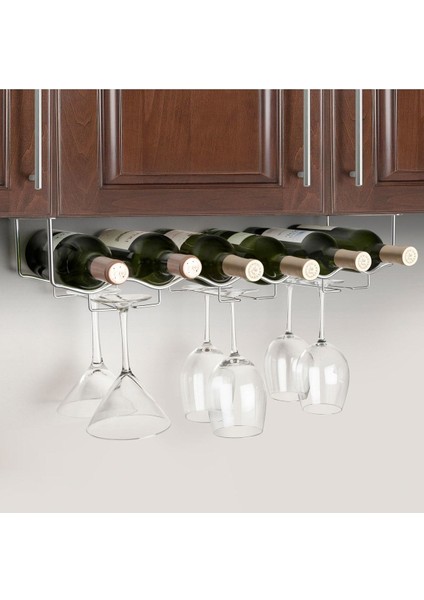 Gümüş Renkli Altı Şarap ve Bardaklık, 54X11X18CM, Şık ve Kullanışlı Dekorasyon Parçası