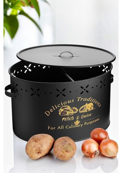 2 Bölmeli Metal Patates ve Soğan Kovası, 18 Lt, Siyah Renk