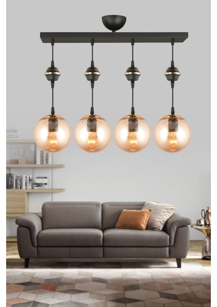 4'lü Siyah Bal Glop Camlı Lüks Avize, Şık ve Modern Tasarım.