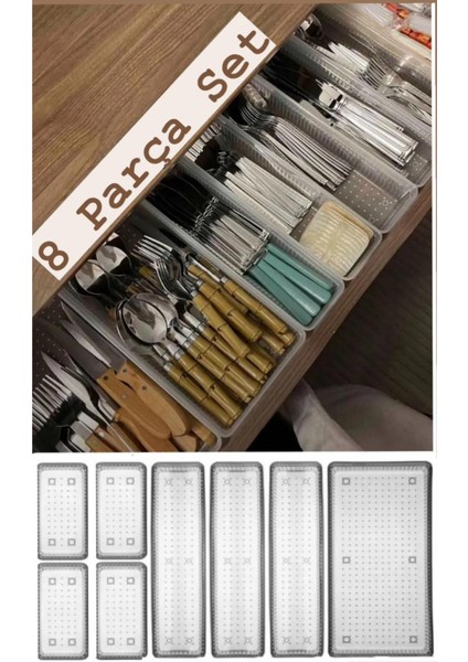 8'li Çekmeceli Kaşık ve Bıçak Organizer Seti Beyaz