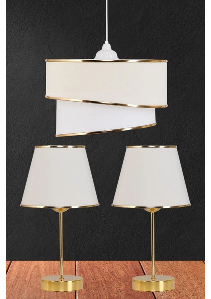 Şeritli Krem Sarkıt Avize ve Gold Ayaklı Abajur Seti Yatak Odası Dekorasyonu