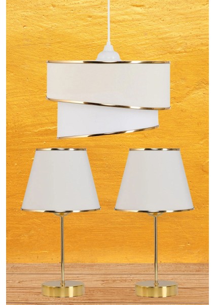 Şeritli Krem Sarkıt Avize ve Gold Ayaklı Abajur Seti Yatak Odası Dekorasyonu modelleri