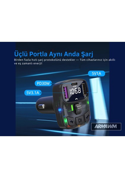 Bluetooth Fm Transmitter Araç Kiti C-56| 30W Hızlı Şarj, Oto Çakmaklık, USB Type-C, Mp3 Çalar, Radyo fırsatları