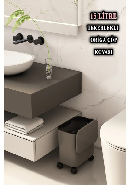 Antrasit Renkli Tekerlekli Kapaklı Çöp Kovası 15 L, Banyo ve Mutfak Için Ideal