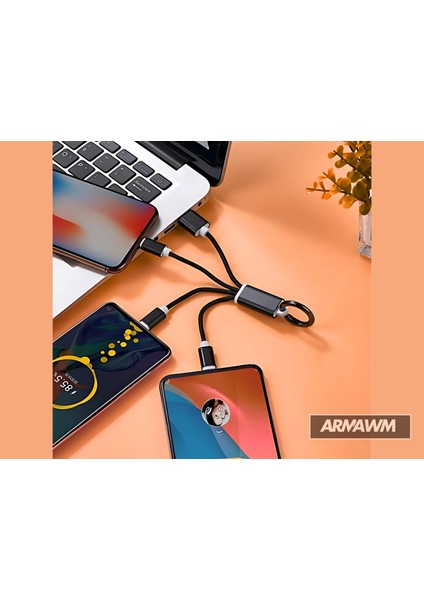 3'ü 1 Arada Anahtarlık Tipi Çoklu Şarj Kablosu - Type-C / Micro USB / Lightning Uyumlu