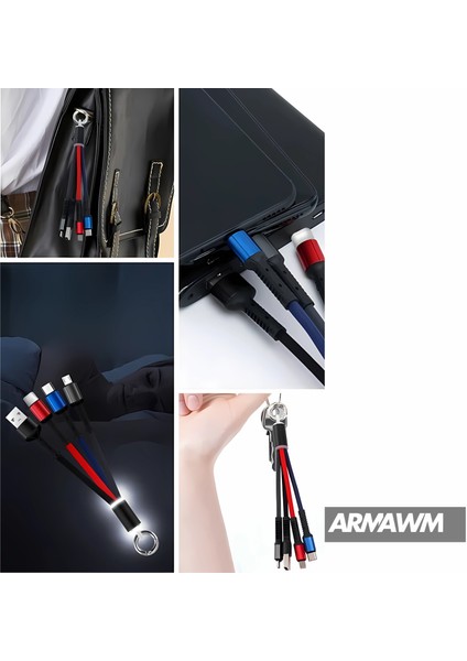 3'ü 1 Arada Anahtarlık Tipi Çoklu Şarj Kablosu - Type-C / Micro USB / Lightning Uyumlu modelleri